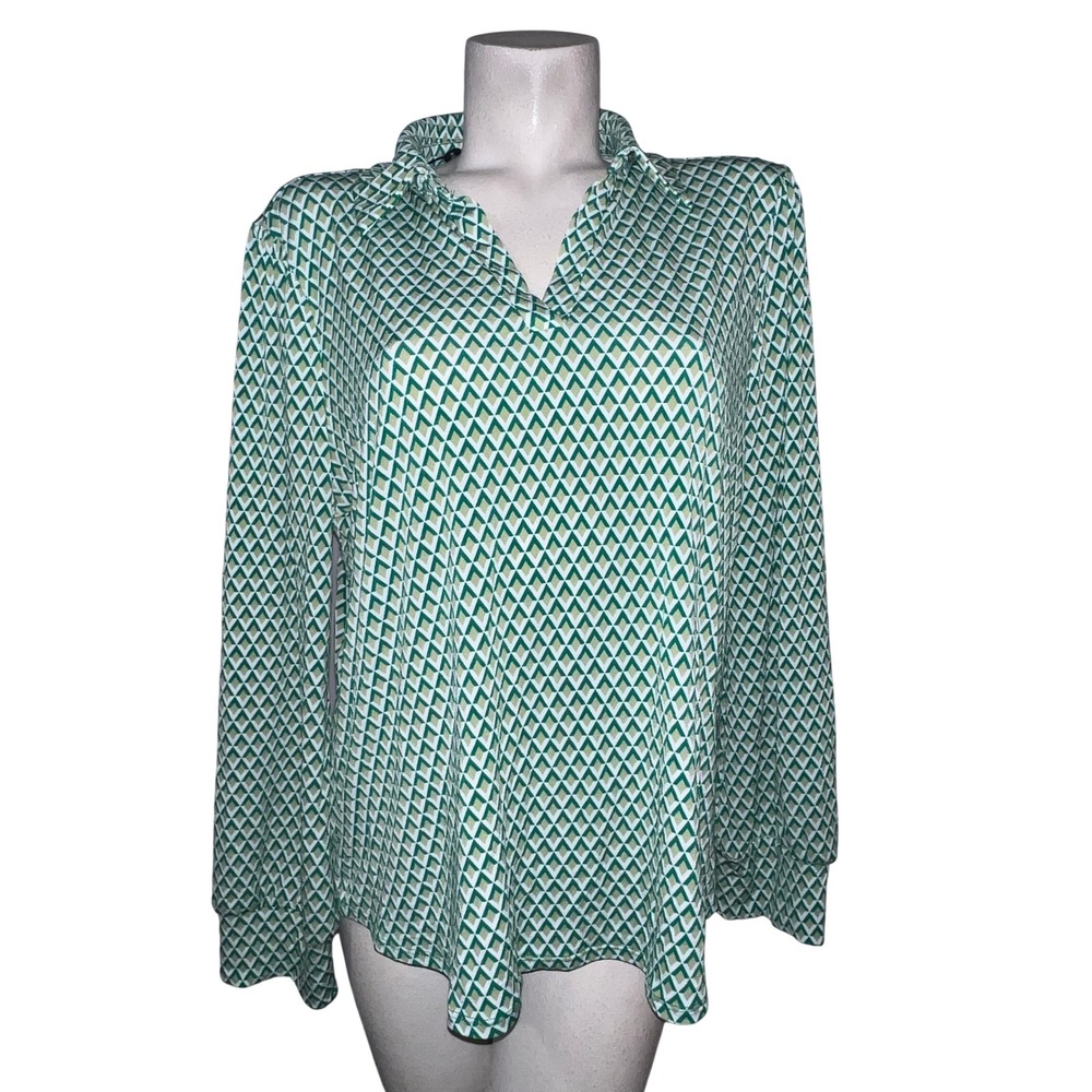 Adrianna Papell Womens Green Geometric Diamond V-Neck Long‎ Sleeve Blouse XL NEW